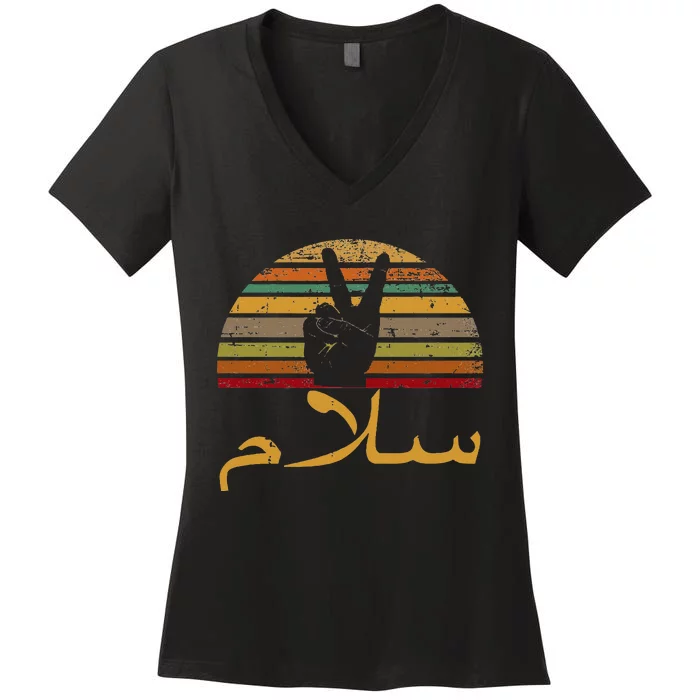 Salam Peace Arabic Retro Calligraphy Women's V-Neck T-Shirt