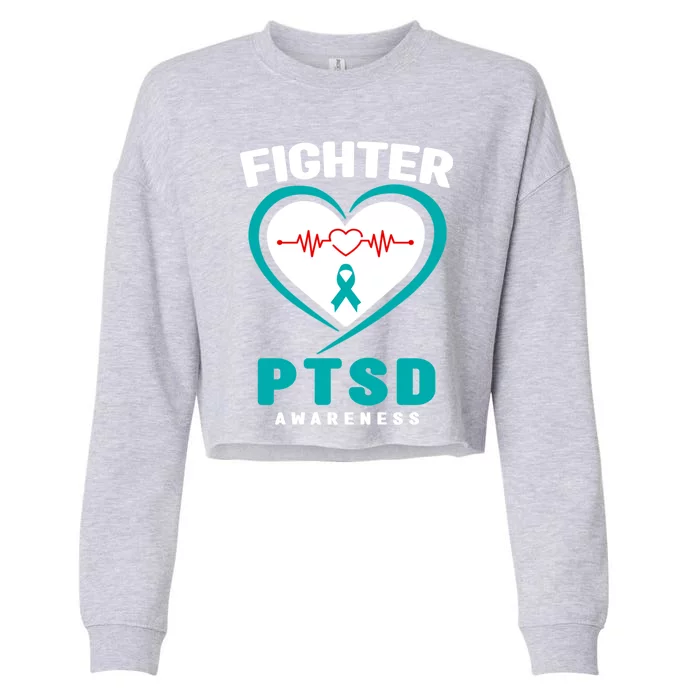 Support Ptsd Awareness Fighter Teal Ribbon Ptsd Awareness Gift Cropped Pullover Crew