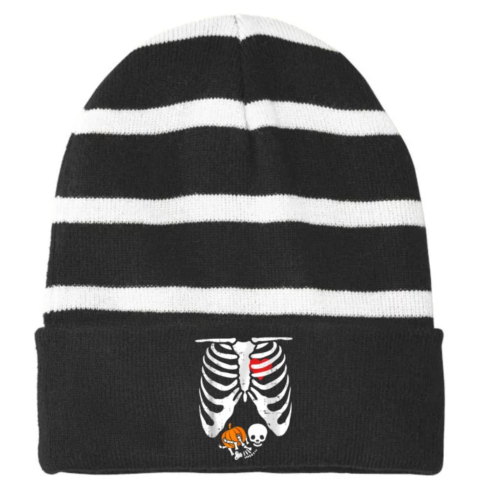 Skeleton Pregnancy Announcement Mom Halloween Striped Beanie with Solid Band