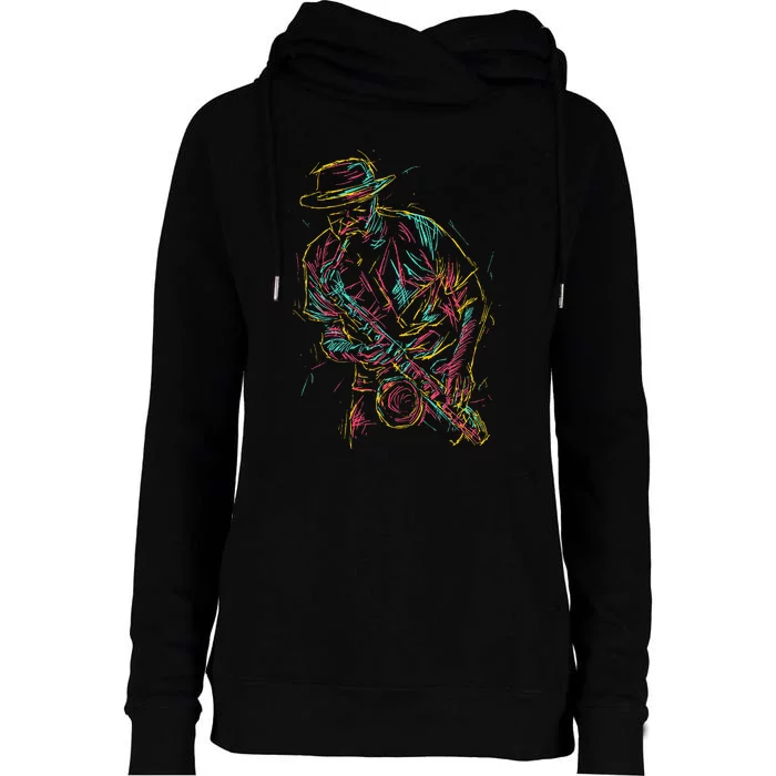 Saxophone Player Abstract Art Womens Funnel Neck Pullover Hood