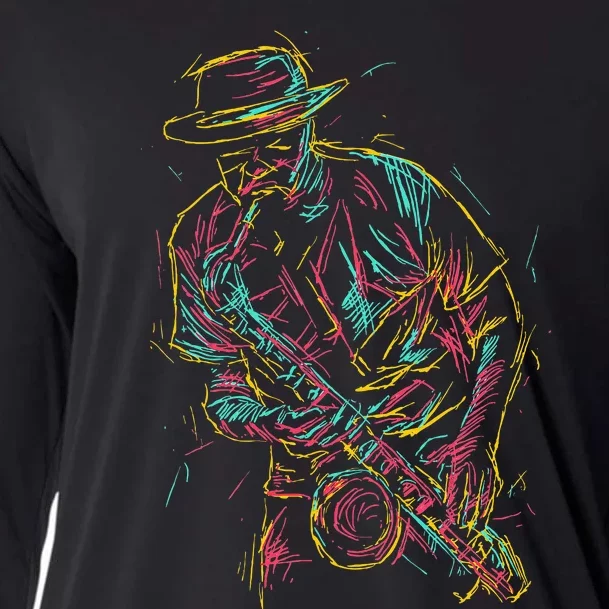 Saxophone Player Abstract Art Cooling Performance Long Sleeve Crew