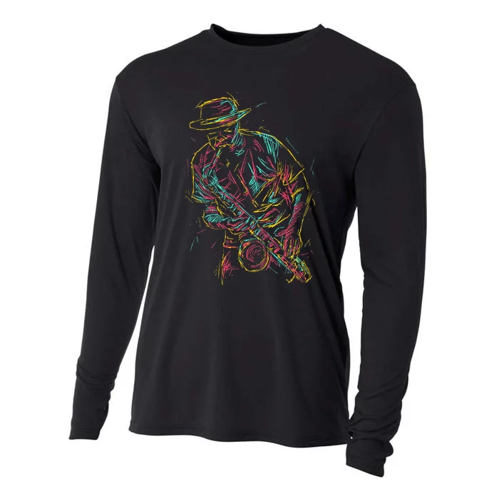 Saxophone Player Abstract Art Cooling Performance Long Sleeve Crew