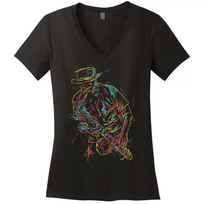 Saxophone Player Abstract Art Women's V-Neck T-Shirt