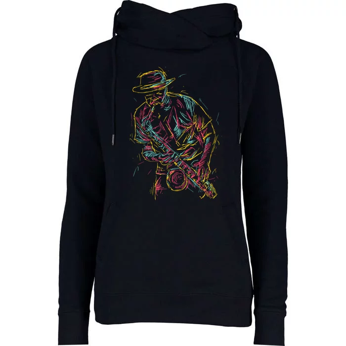 Saxophone Player Abstract Art Womens Funnel Neck Pullover Hood