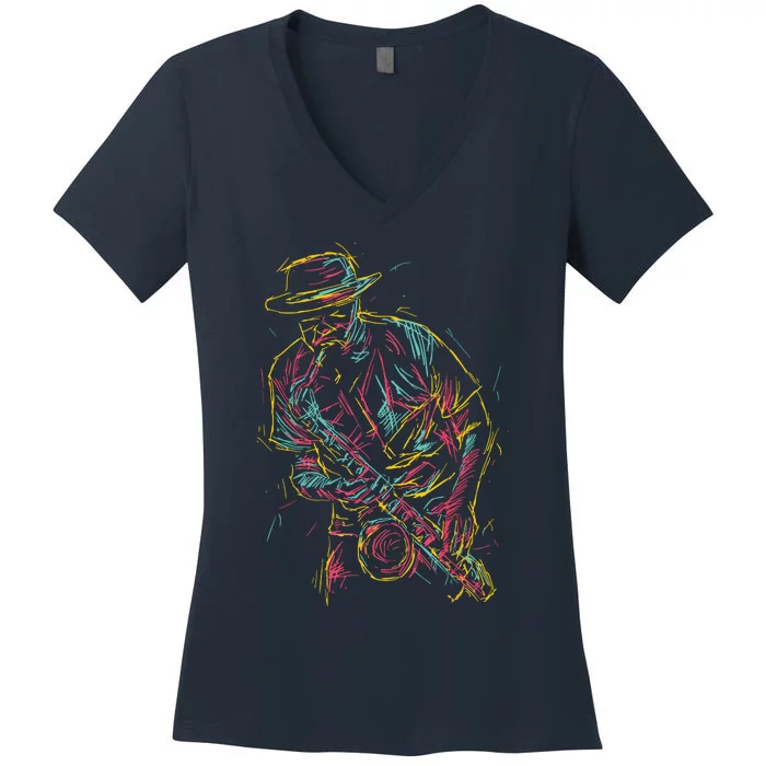 Saxophone Player Abstract Art Women's V-Neck T-Shirt