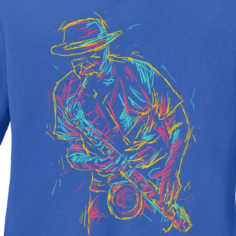 Saxophone Player Abstract Art Gift Ladies Long Sleeve Shirt