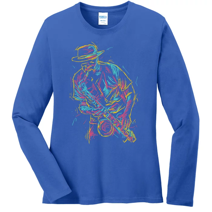 Saxophone Player Abstract Art Gift Ladies Long Sleeve Shirt