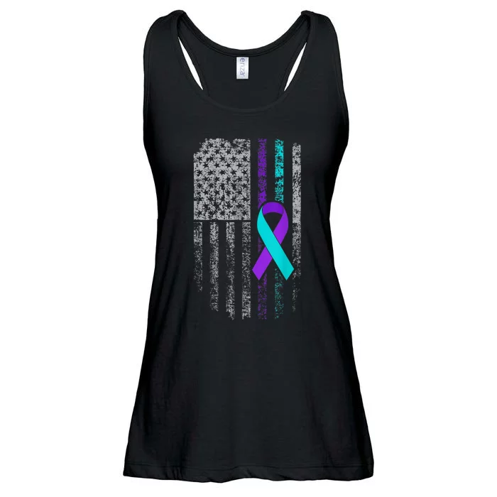 Suicide Prevention Awareness American Flag Ribbon Support Ladies Essential Flowy Tank