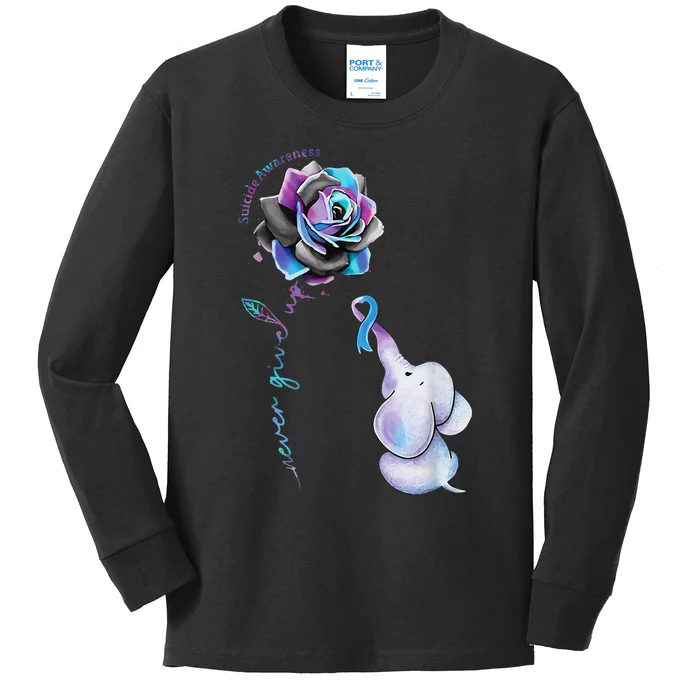 Suicide Prevention Awareness Flower Elephant Ribbon Gift Kids Long Sleeve Shirt