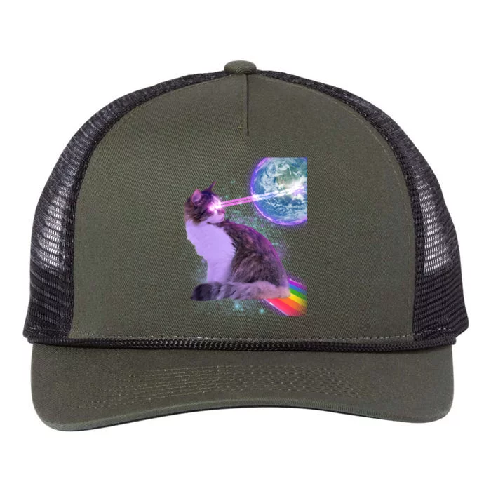 Space Cat Shooting Lazer Into Moon Retro Rope Trucker Hat Cap