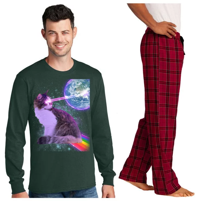 Space Cat Shooting Lazer Into Moon Long Sleeve Pajama Set