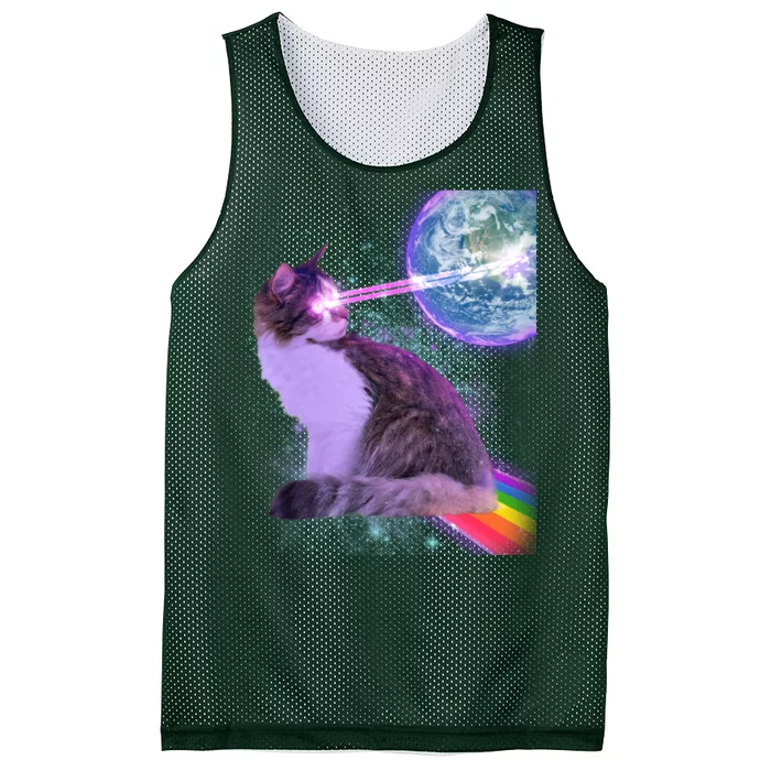 Space Cat Shooting Lazer Into Moon Mesh Reversible Basketball Jersey Tank