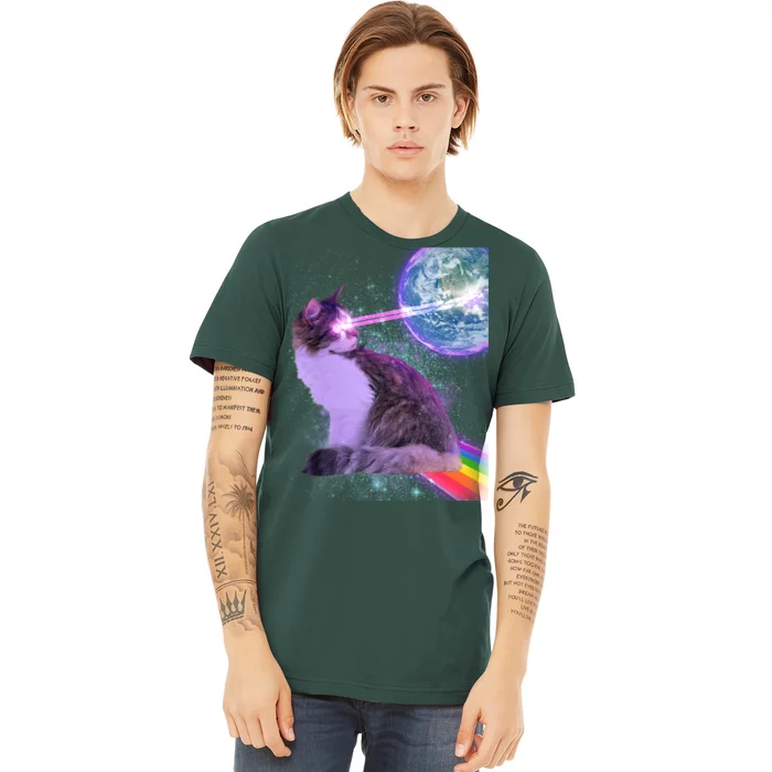 Space Cat Shooting Lazer Into Moon Premium T-Shirt