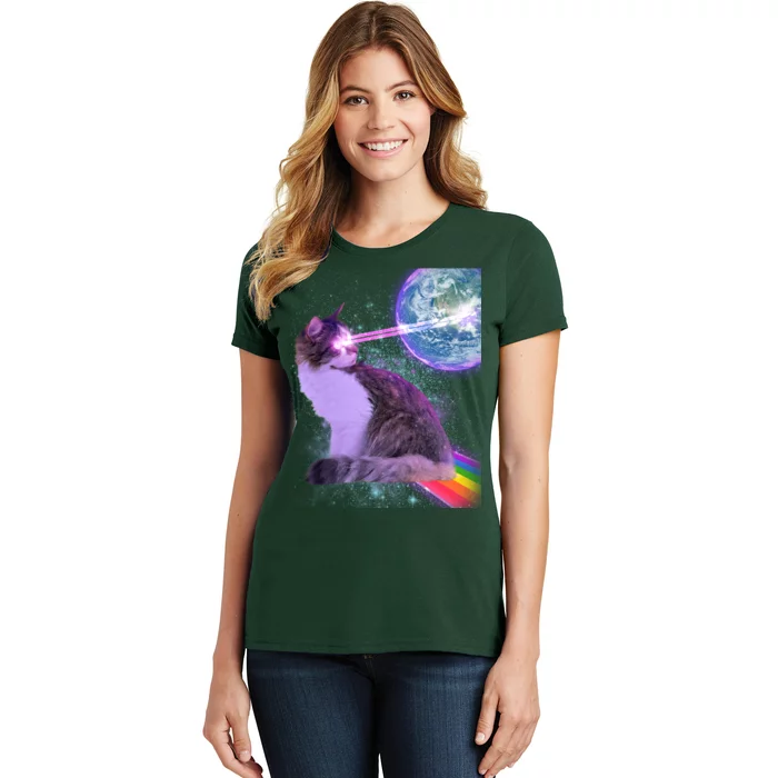 Space Cat Shooting Lazer Into Moon Women's T-Shirt