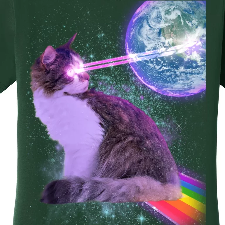 Space Cat Shooting Lazer Into Moon Women's T-Shirt