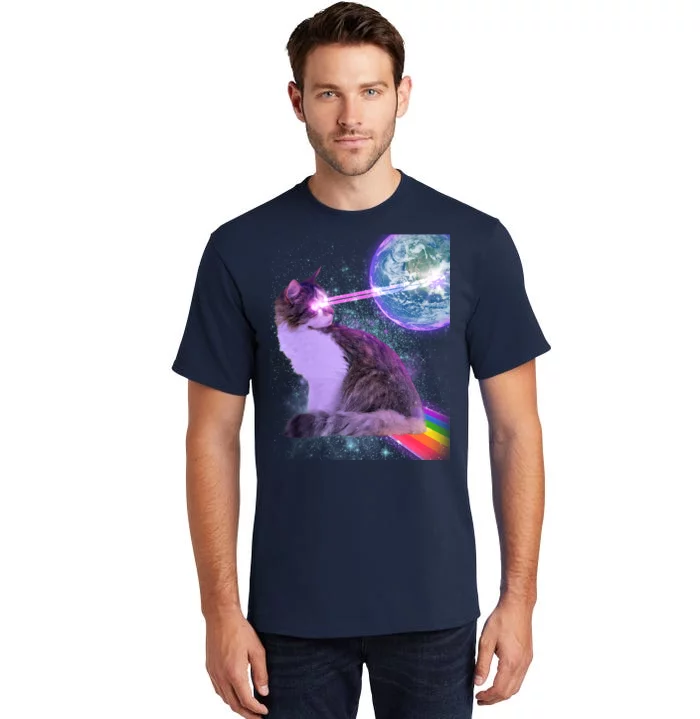 Space Cat Shooting Lazer Into Moon Tall T-Shirt