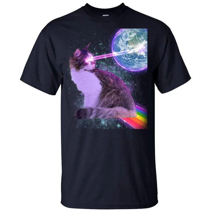 Space Cat Shooting Lazer Into Moon Tall T-Shirt