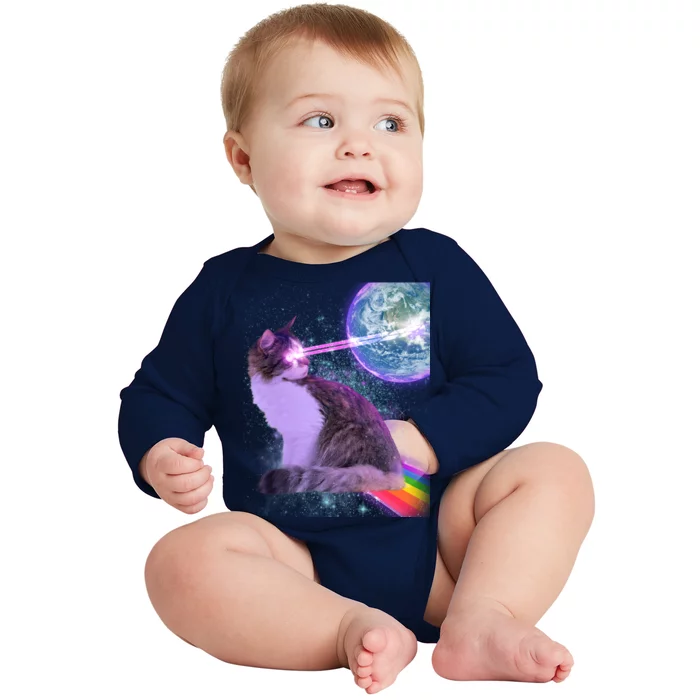 Space Cat Shooting Lazer Into Moon Baby Long Sleeve Bodysuit