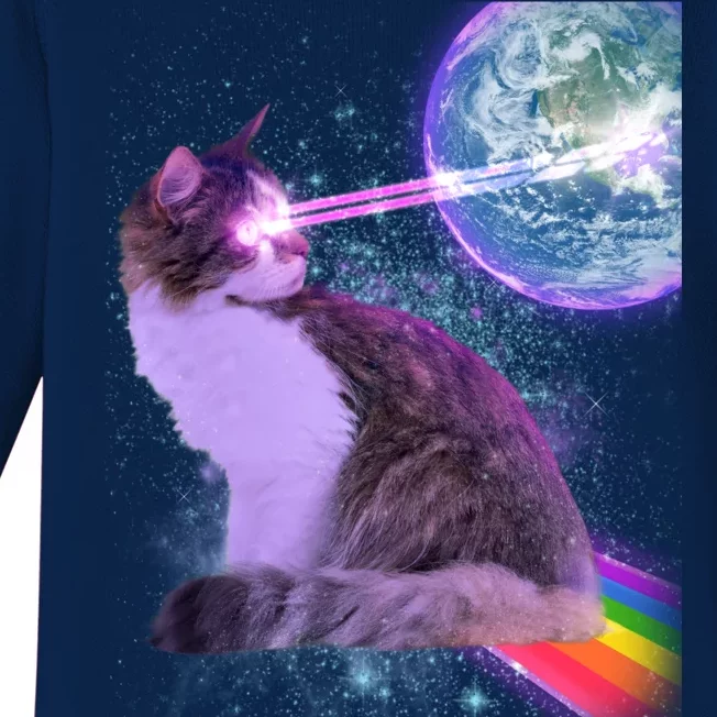 Space Cat Shooting Lazer Into Moon Baby Long Sleeve Bodysuit