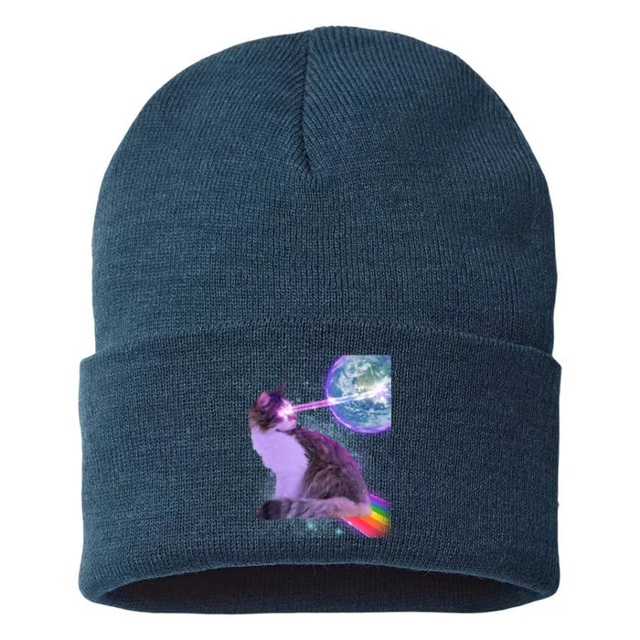 Space Cat Shooting Lazer Into Moon Sustainable Knit Beanie