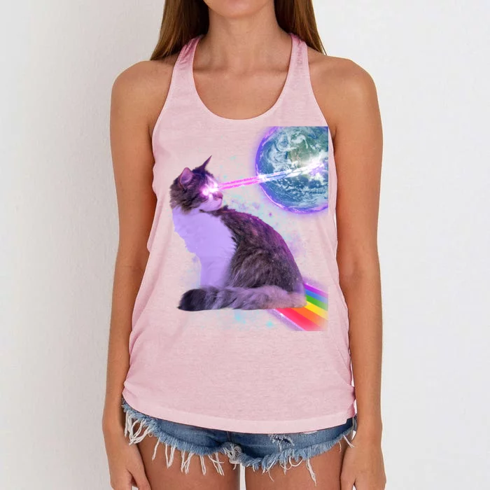 Space Cat Shooting Lazer Into Moon Women's Knotted Racerback Tank