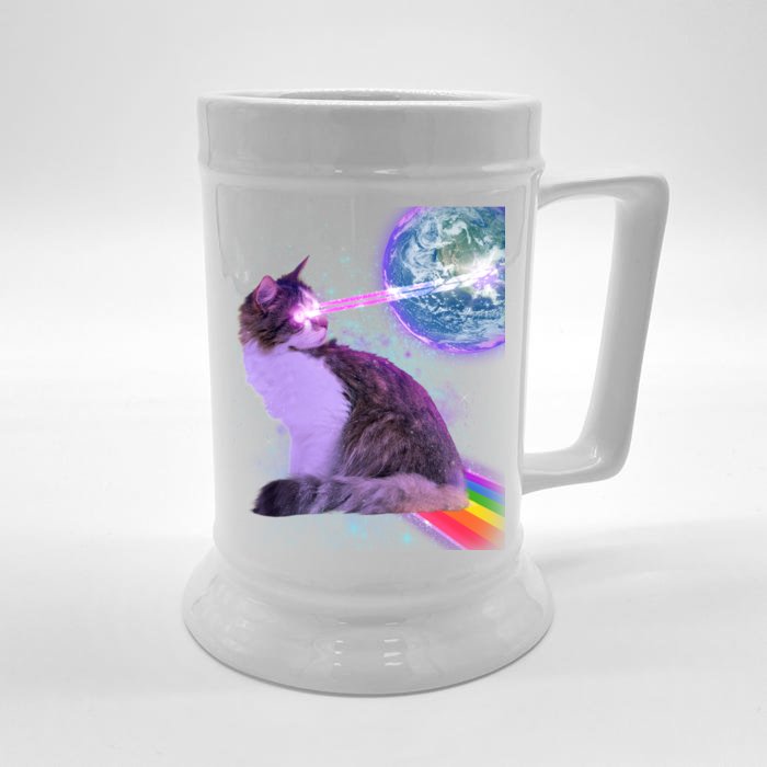 Space Cat Shooting Lazer Into Moon Front & Back Beer Stein