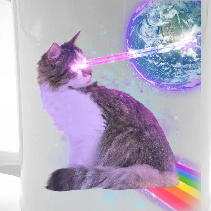 Space Cat Shooting Lazer Into Moon Front & Back Beer Stein