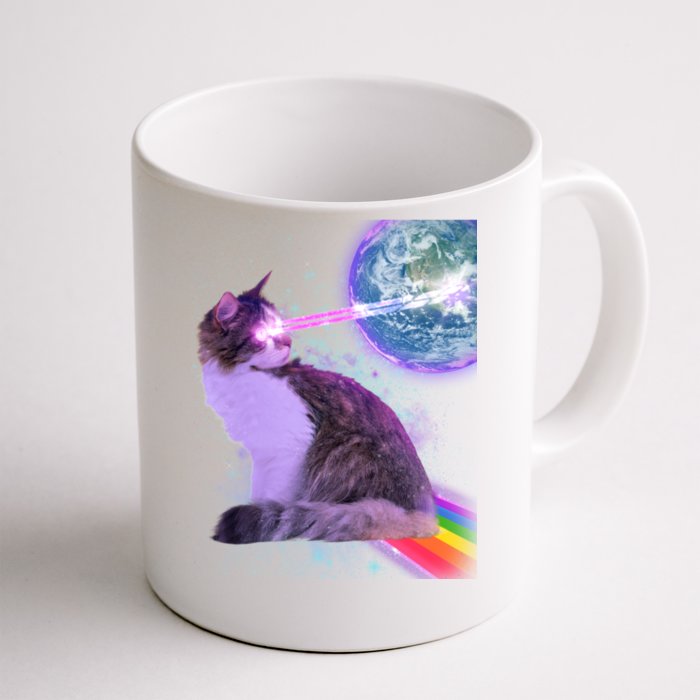 Space Cat Shooting Lazer Into Moon Front & Back Coffee Mug