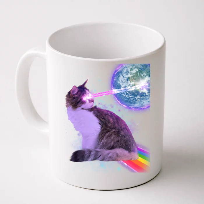 Space Cat Shooting Lazer Into Moon Front & Back Coffee Mug