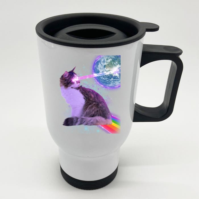 Space Cat Shooting Lazer Into Moon Front & Back Stainless Steel Travel Mug