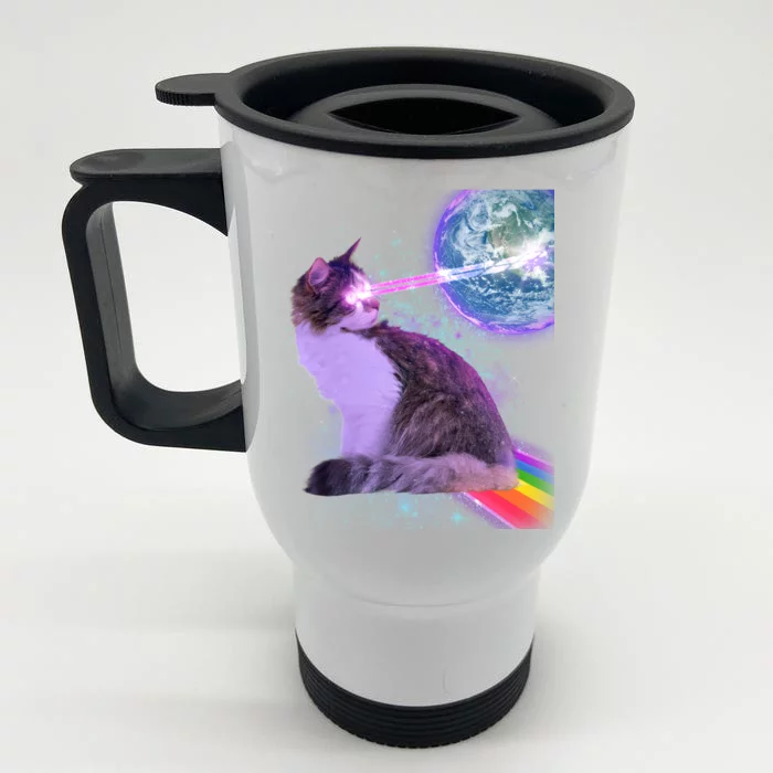 Space Cat Shooting Lazer Into Moon Front & Back Stainless Steel Travel Mug