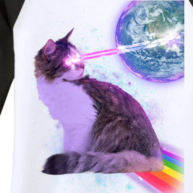 Space Cat Shooting Lazer Into Moon Women's Tri-Blend 3/4-Sleeve Raglan Shirt