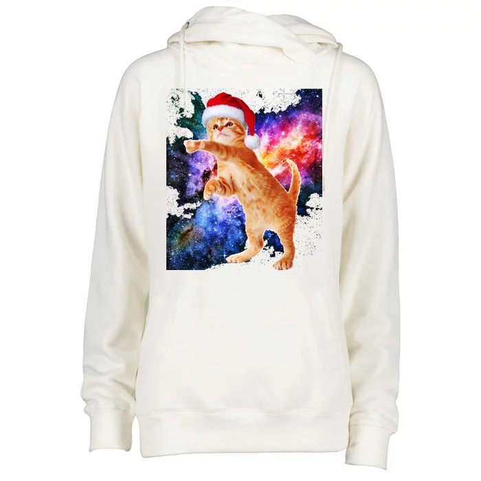 Space Christmas Cat Santa Kitty Womens Funnel Neck Pullover Hood