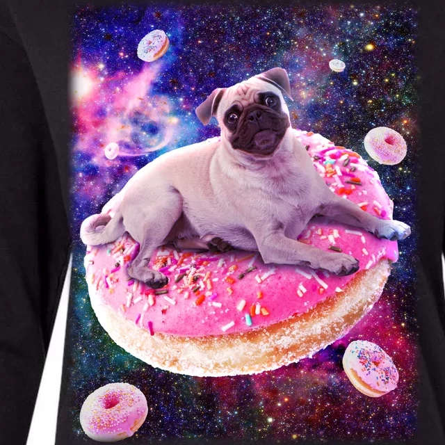 Space Donut Pug Womens Cotton Relaxed Long Sleeve T-Shirt