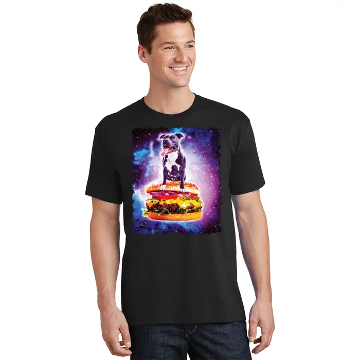 Space Galaxy Pitbull Riding Cheeseburger T-Shirt