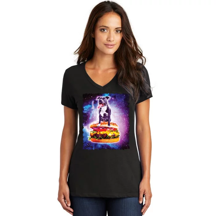 Space Galaxy Pitbull Riding Cheeseburger Women's V-Neck T-Shirt