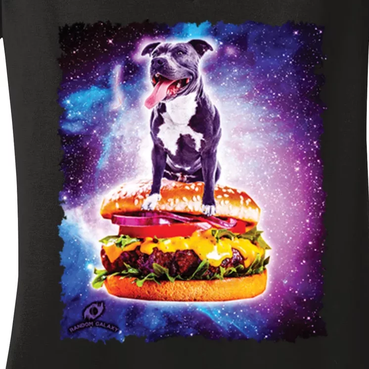 Space Galaxy Pitbull Riding Cheeseburger Women's V-Neck T-Shirt