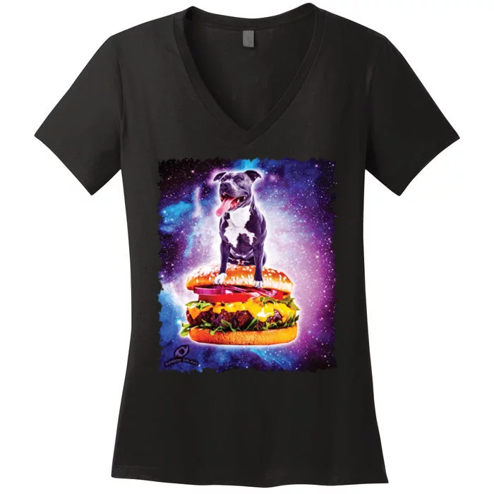 Space Galaxy Pitbull Riding Cheeseburger Women's V-Neck T-Shirt