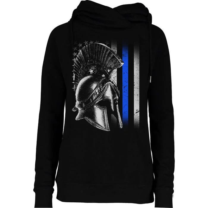 Spartan Police Blue Thin Line Flag Womens Funnel Neck Pullover Hood