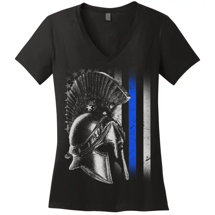 Spartan Police Blue Thin Line Flag Women's V-Neck T-Shirt