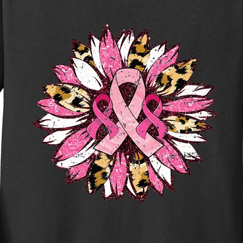 Sunflower Pink Breast Cancer Awareness Warrior Kids Long Sleeve Shirt