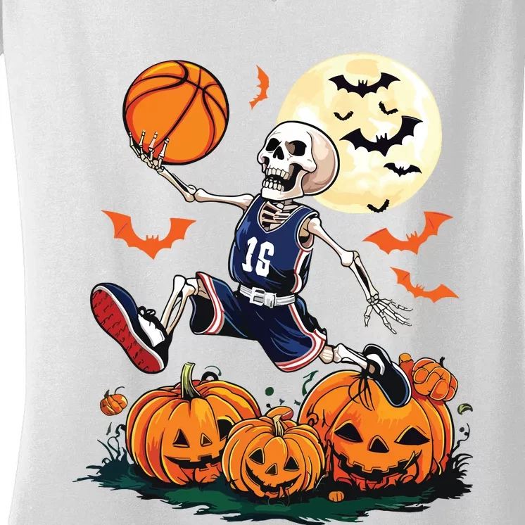 Skeleton Playing Basketball Halloween Boy Basketball Women's V-Neck T-Shirt