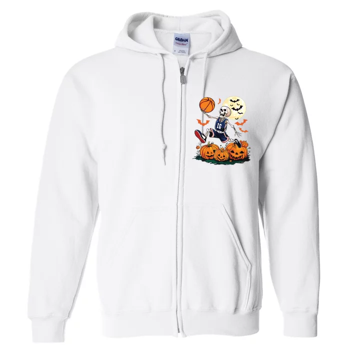 Skeleton Playing Basketball Halloween Boy Basketball Full Zip Hoodie