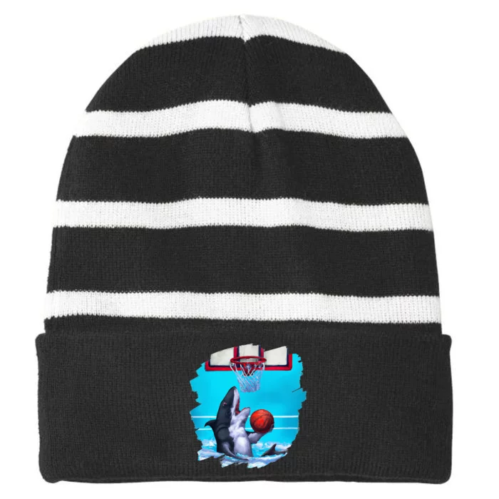 Shark Playing Basketball Funny Sharks Basketball Striped Beanie with Solid Band