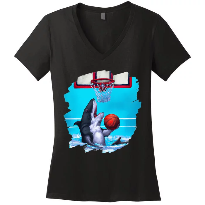 Shark Playing Basketball Funny Sharks Basketball Women's V-Neck T-Shirt