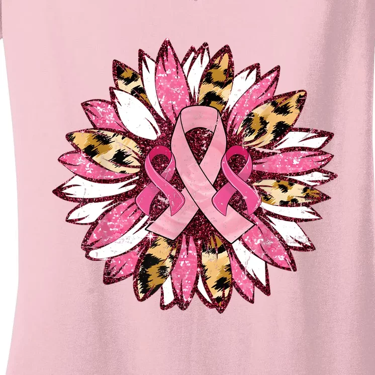 Sunflower Pink Breast Cancer Awareness Warrior Women's V-Neck T-Shirt