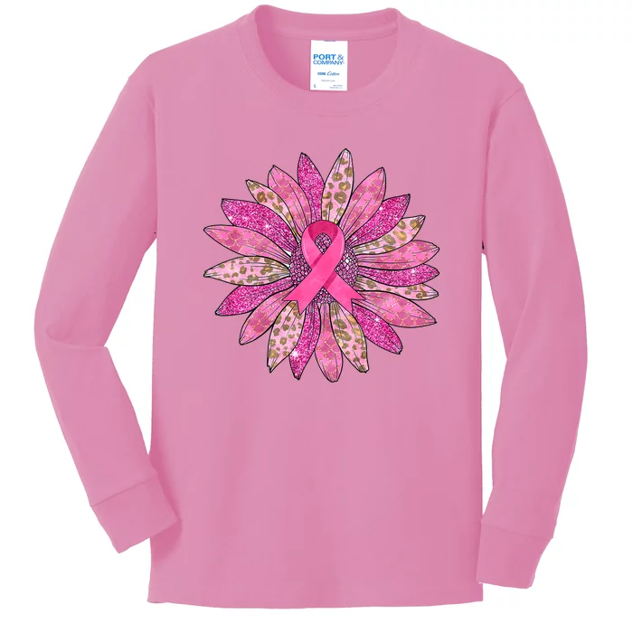 Sunflower Pink Breast Cancer Awareness Support Women Warrior Kids Long Sleeve Shirt