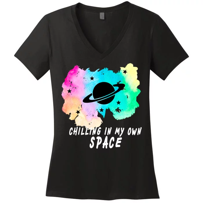 Space Planets Celestial UFO Universe Galaxy Stars Saturn Sky Women's V-Neck T-Shirt