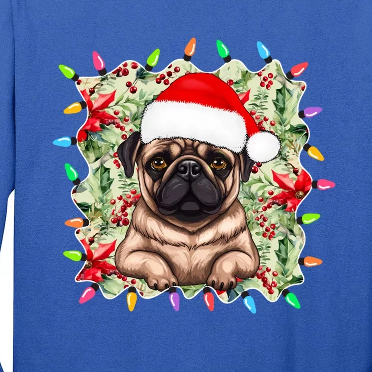 Santa Pug Christmas Lights Flowers Owner Family Gift Tall Long Sleeve T-Shirt