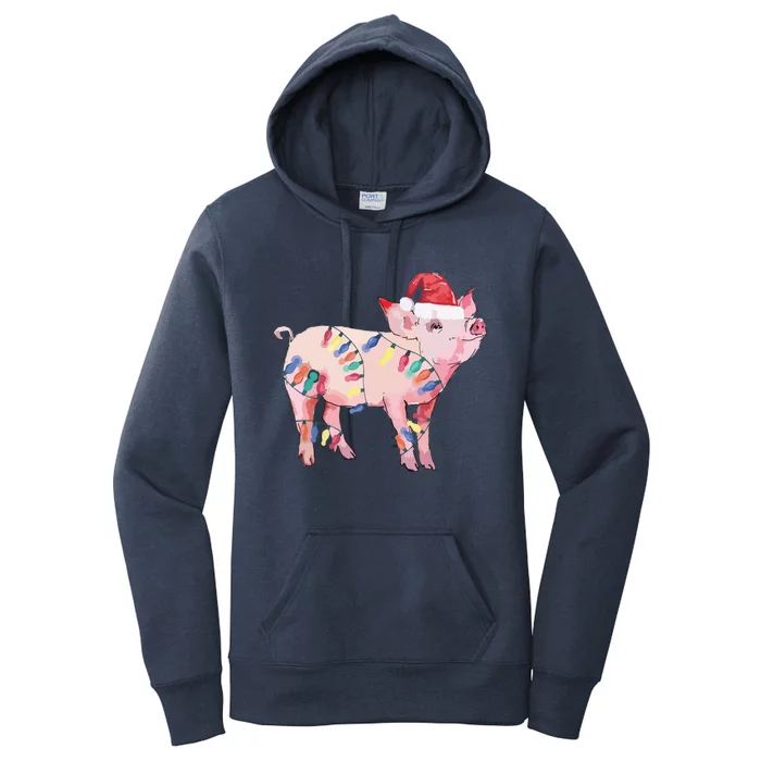 Santa Pig Christmas Lights Pig Lover Christmas Gift Women's Pullover Hoodie